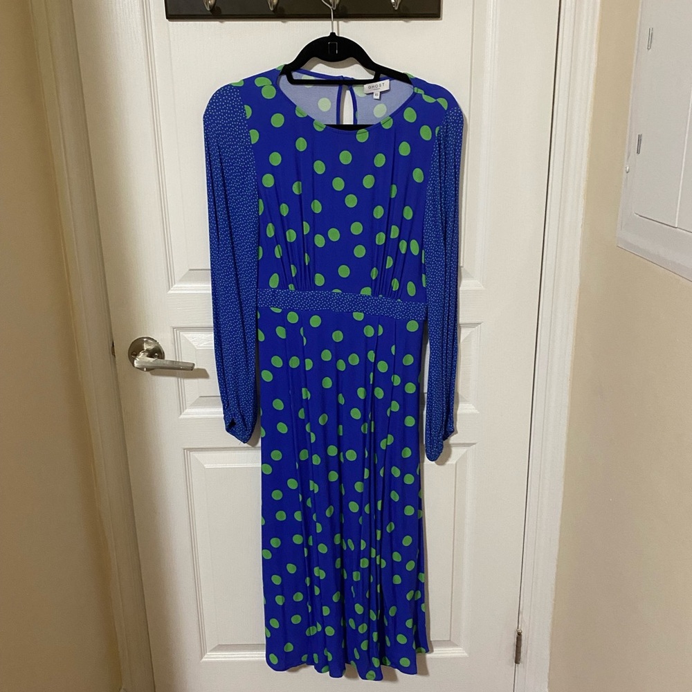 Blue and Green Polka Dot Long Sleeve Midi Dress